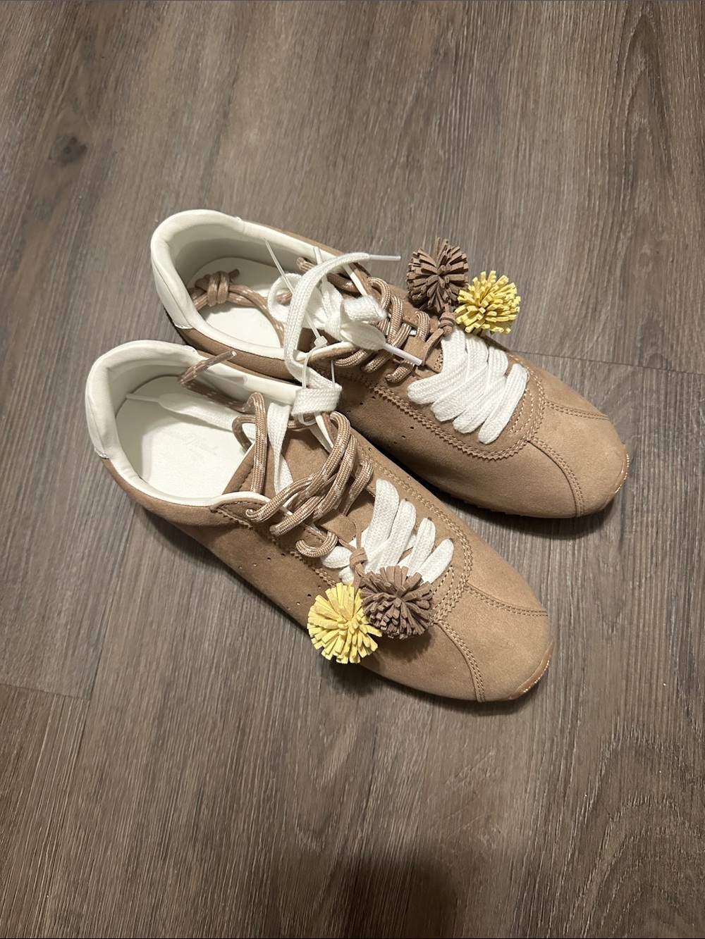 Women's Tan Suede Casual Sneakers with Pom-Pom Accents 8.5
